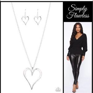 Long silver heart necklace and matching earrings
